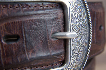 Mens M&F Western Distressed Brown Croc Print Leather Belt Engraved Silver Buckle